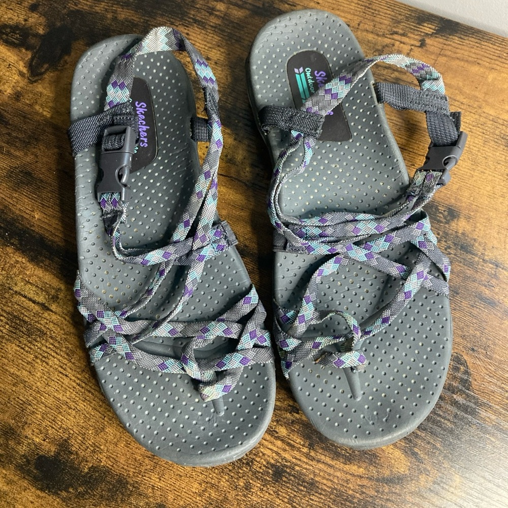Skechers Outdoor Lifestyle Women's 9 Blue Gray Purple Toe Wrap Strappy Sandals